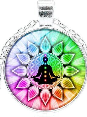 Silver Rainbow Colorful Buddha Meditation Lotus Flower 7 Chakra Necklace Charm